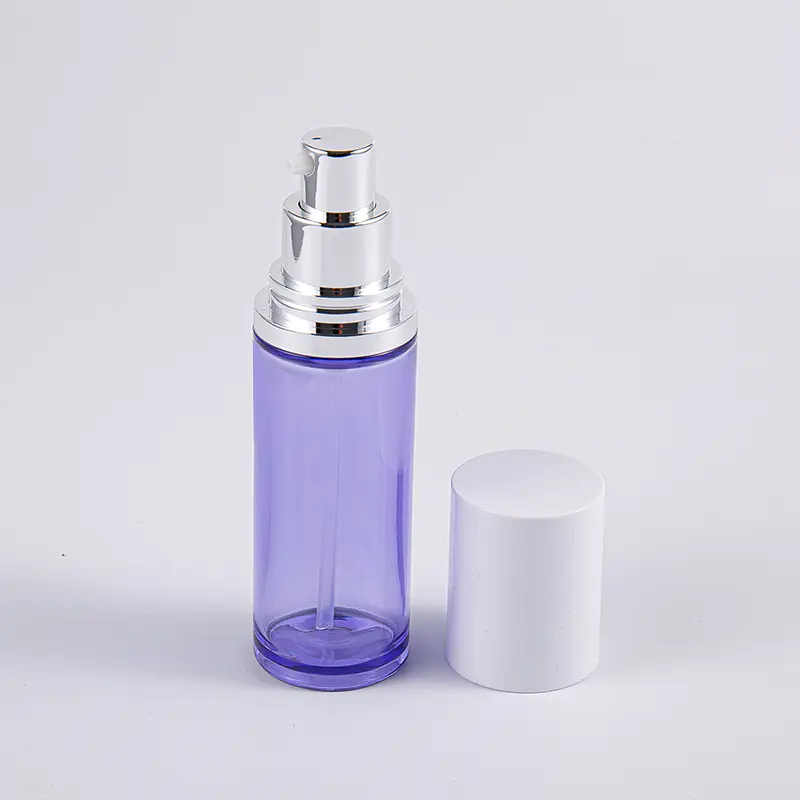 Flacon rotund de loțiune cu ser de 100 ml de culoare violet cu pompă din aluminiu